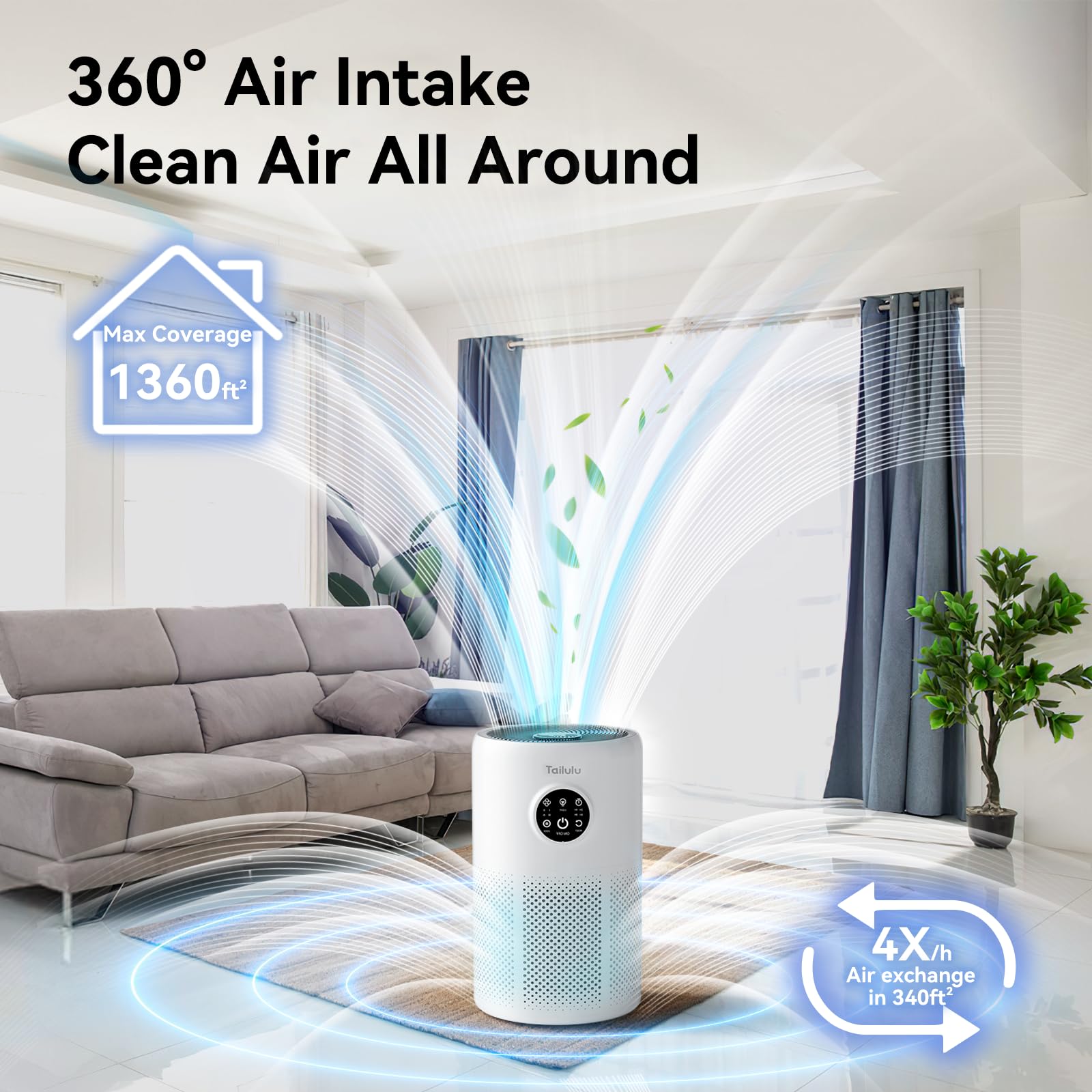 Air Purifiers for Home Pets Large Room Up to 1360 Ft², Tailulu D10 HEPA Air Purifiers for Bedroom with 15dB Sleep Mode, Air Filter for Pet Dander Smoke Odor Dust Pollen with Timer Fragrance Sponge