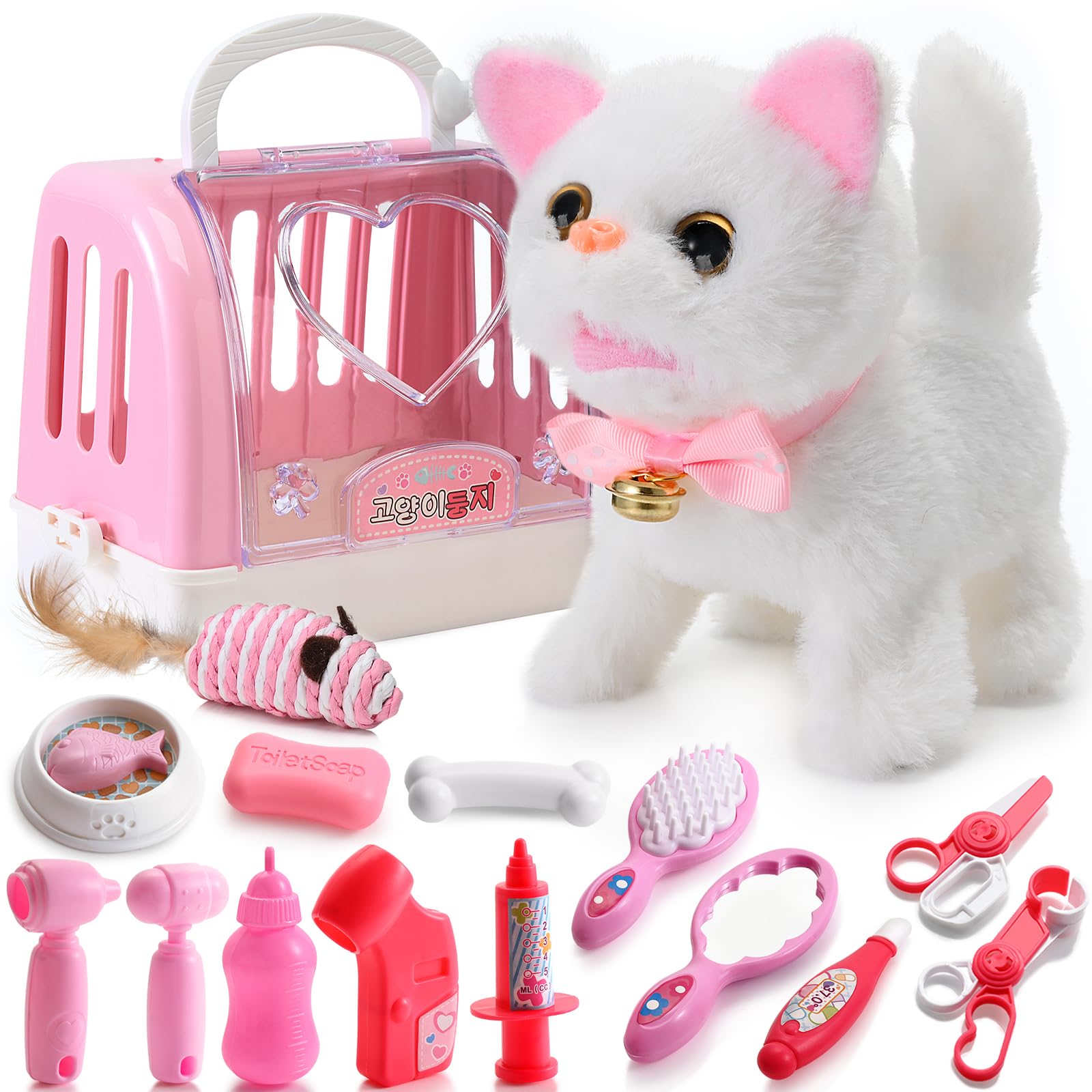 Photo 1 of WorWoder Plush Electronic Interactive Cats That Move and Meow Walking Wagging Lifelike Stuffed Kitten Toy pet for Girls Kid with 15PC Parts (White)