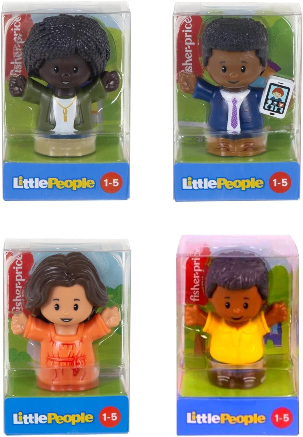 Fisher-Price Little People Miniature Toy Play Figures - Pack of 4 - Dad in Suit, Mom in Dress, Mom in Green Cardigan, & Grandpa