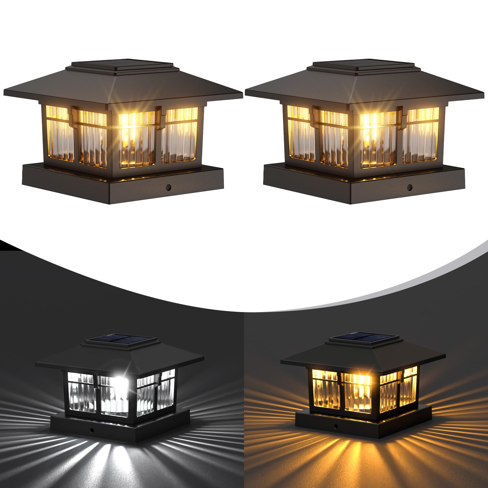 Photo 1 of EXCMARK 2 Pack 4x4 Solar Post Cap Lights, Fence Deck Post Lights Outdoor Solar Powered Waterproof with Two Light Modes Warm&Cool White for Garden Patio Decor. (Classic Black,2)