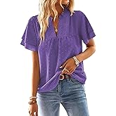 Falechay Womens Tops Butterfly Sleeve V Neck Blouses for Women Dressy Casual Flowy Swiss Dot Ruffle Short Sleeve Shirts