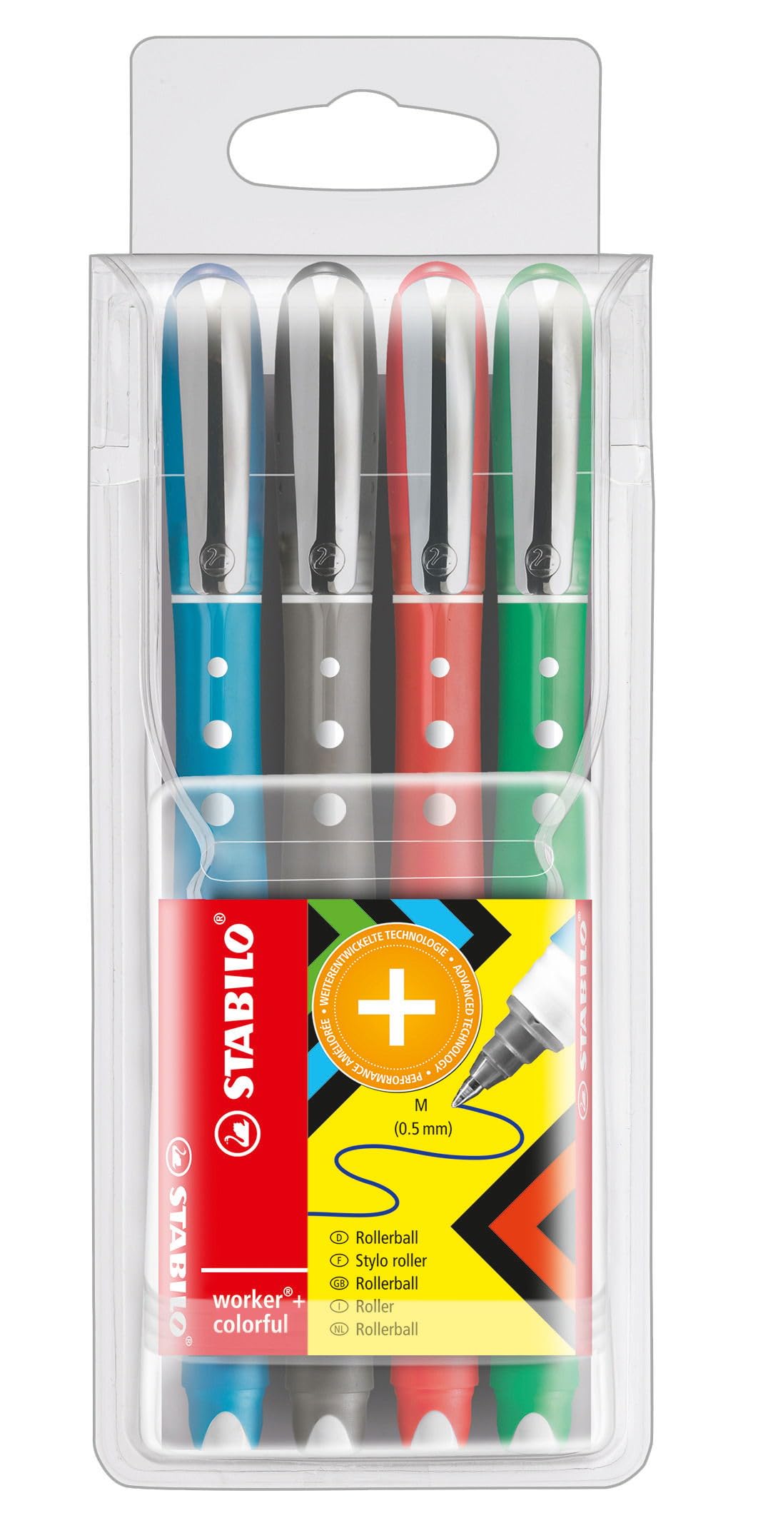 STABILO worker+ colorful - Rollerball - Pack of 4 - Green, Red, Blue, Black