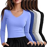 Oakgarden 5 Pack Women's Long Sleeve Under Scrubs V Neck Fitted Undershirts Basic Layering Tops for Nurse