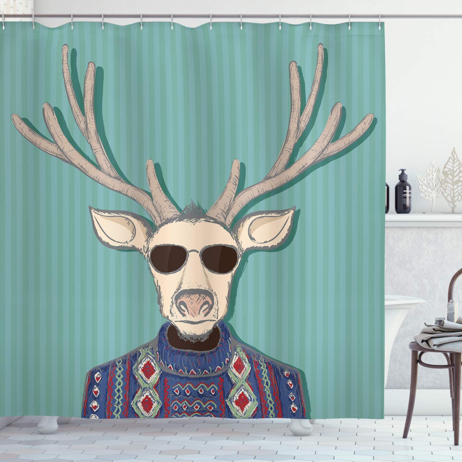 ABAKUHAUS Hipster Shower Curtain, Colorful Drawing of Anthropomorphic Deer with Sweater and Sunglasses on Stripes, Cloth Fabric Bathroom Decor Set with Hooks, 94 Inches, Multicolor