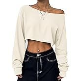 Remidoo Women's Off the Shoulder Cropped Sweatshirt Asymmetrical Neck Long Sleeve Crop Tops