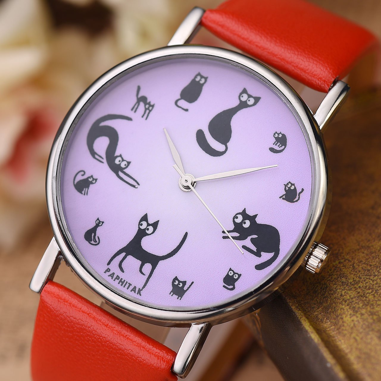 JSDDE Montre Femme Montre Chat Fille Animale Rétro Bracelet en PU Analogue Quartz