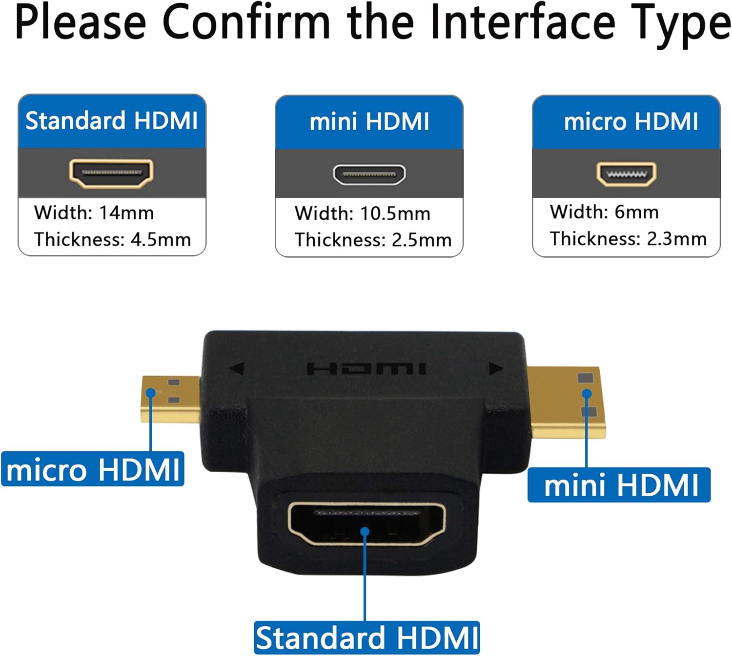 2 in 1 HDMI Adapter, Right Angle Mini/Micro HDMI to HDMI Gold Plated