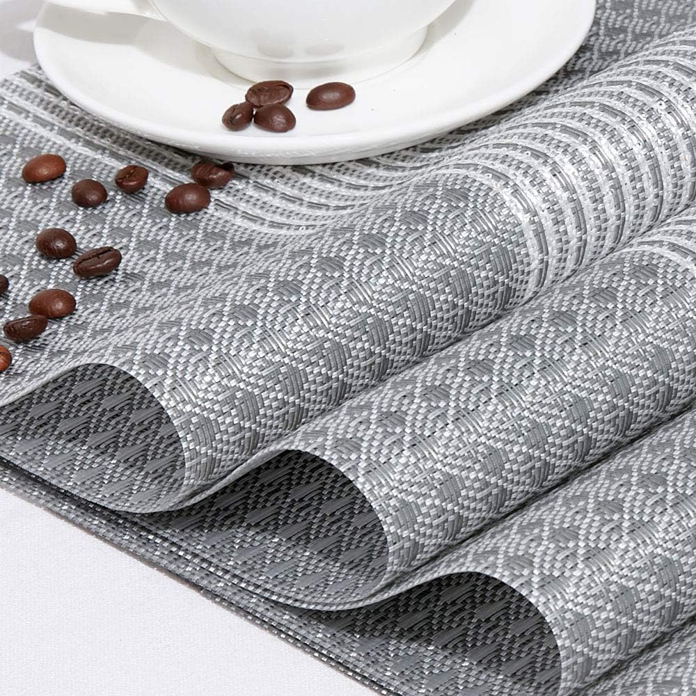 DOLOPL Placemat Placemats Silver and Sequins Placemats Set of 6 Woven Vinyl Durable Table Mat Easy to Clean Heat Resistant Wipeable Spring Placemats for Dining Table Decoration: Home & Kitchen