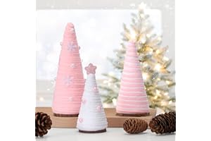 HURAY RAYHO Pink and White Christmas Table Decorations Cute Mini Yarn Christmas Trees Centerpieces Farmhouse Decor Ornaments for Indoor Fireplace Bedroom Kitchen Home Tiered Tray Decor Gift for Women 3 PCS Wooden