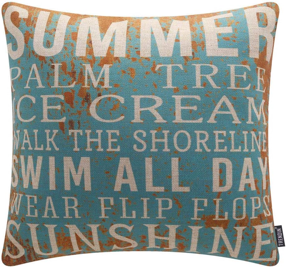 TRENDIN Summer Sign Quote Pillow Cover 18x18 inch Cotton Linen Rusted Blue Words Throw Cushion Case PL465TR