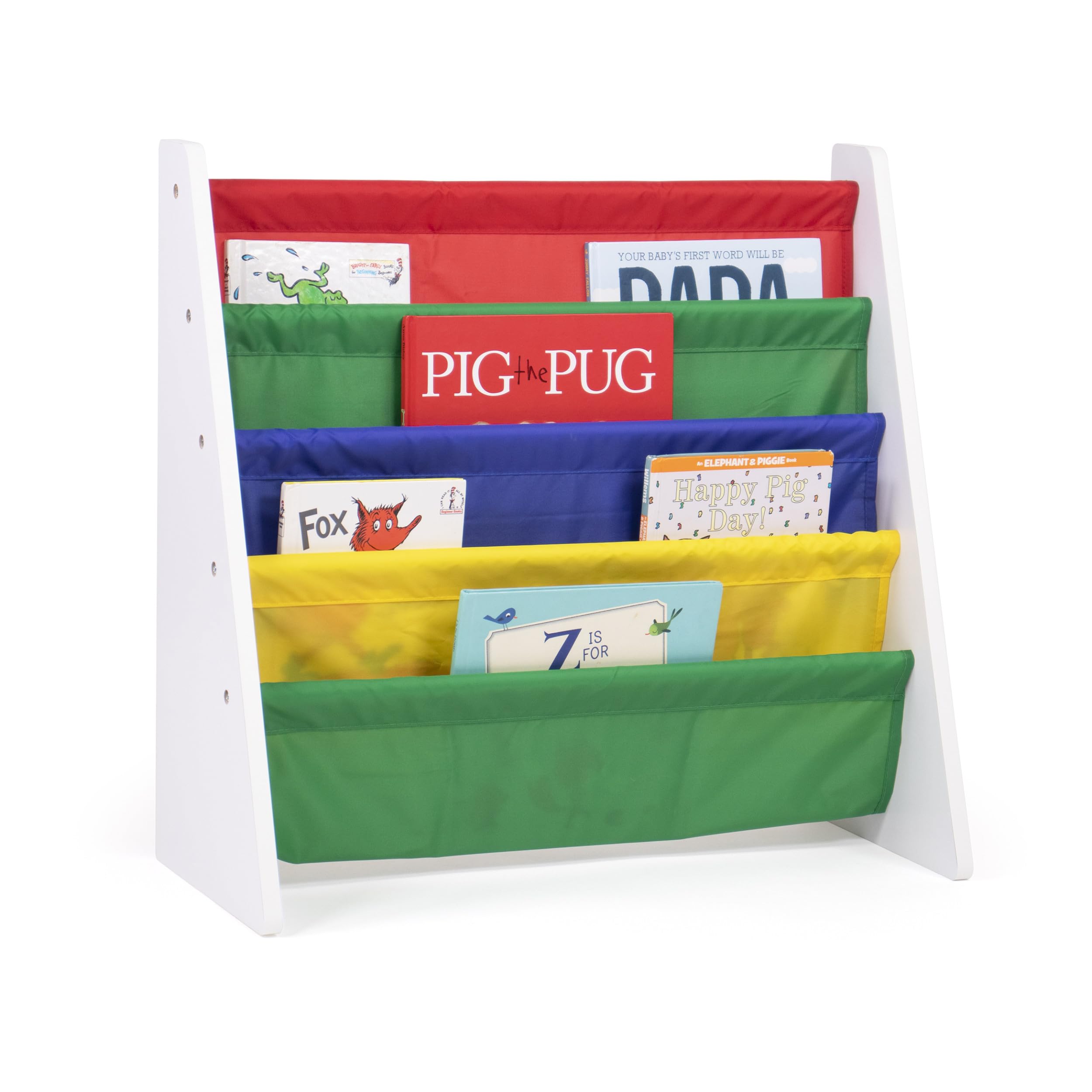 Humble Crew Children’s & Toddler Wooden Bookshelf - 4 Tier Kids Book Storage with Forward Facing Display, Deep Fabric Pockets - White/Red/Green/Blue/Yellow