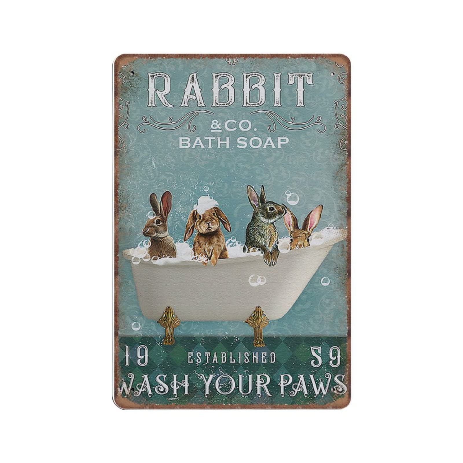 DAIERCY Creative Tin Signs Rabbit Co. Bath Soap Wash Your Hands Funny Metal Sign Retro Wall Decor for Home Garden Bars Office Pubs Club Gift Plaque Tin Sign 140X200 mm