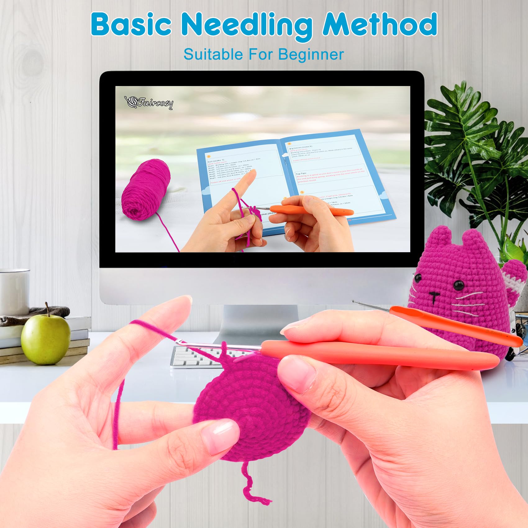 Faircosy Crochet Kit for Beginners Crocheting: Crochet Animal Kits for Kids & Adults - Learn to Knitting Cat Amigurumi Starter Kit with Detailed Tutorial Video and Instructions (40%+ Yarn Extra)