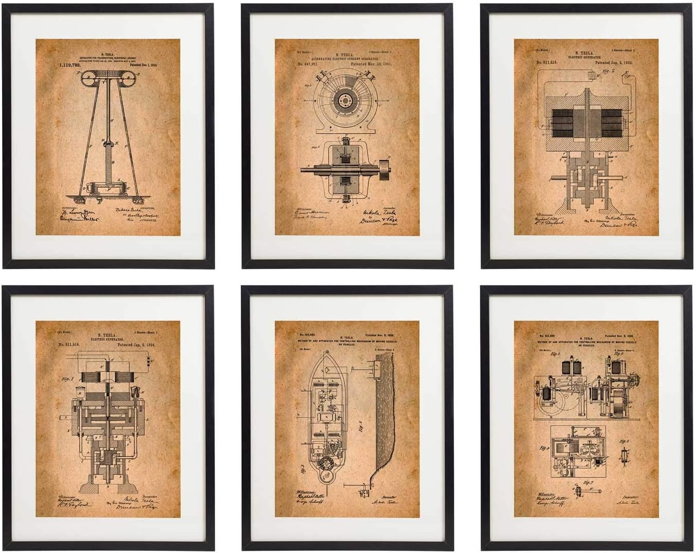 IDIOPIX Tesla Patent Prints Home Decor Art Print Set of 6 Prints UNFRAMED No.1