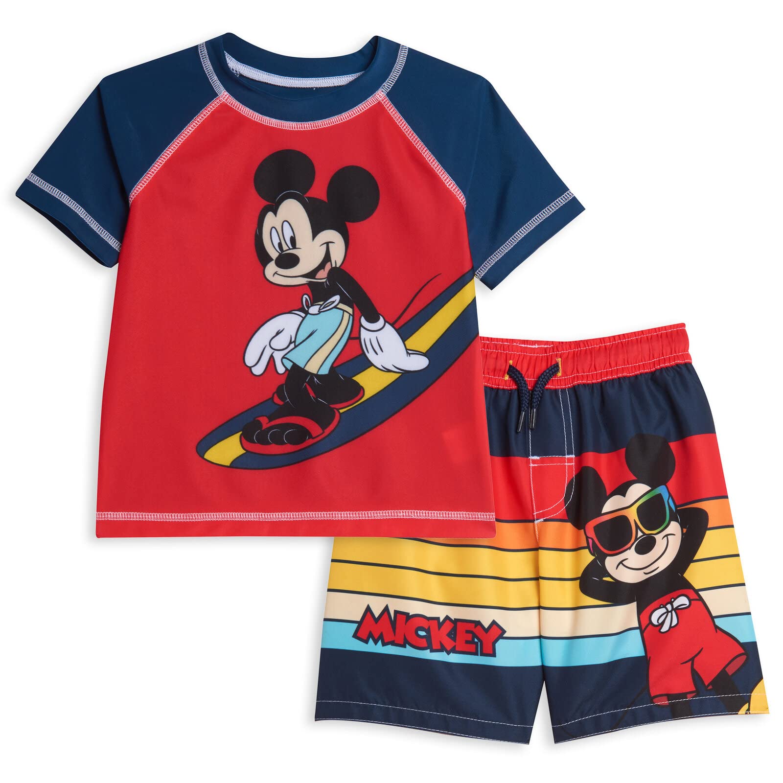 Photo 1 of Disney Mickey Mouse Little Boys Pullover Rash Guard and Swim Trunks Outfit Set Red 6
