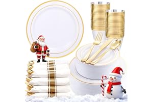 WDF Partyware 350Piece Gold Dinnerware Set for 50 Guests - Gold Plastic Plates with Disposable Cutlery Include:50Dinner Plates-50Dessert Plates-50Pre Rolled Napkins with Silverware for Christmas
