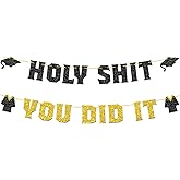 Holy Sh*t You Did It Banner, So Proud of You/Congratulations/Congrats Grad Bunting Sign, 2026 High School College Graduation Party Decorations Supplies, Black Gold Glitter