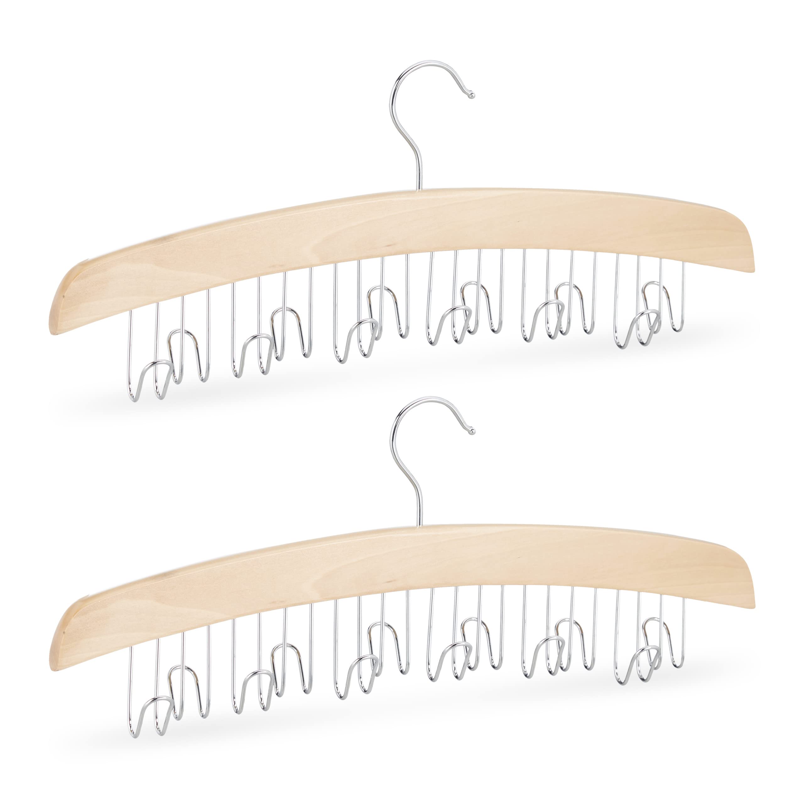 Relaxdays Set of 2 Tie & Belt Rack for the Closet, Hanger for 12 Belts, Accessory Holder, Lotus Wood, HWD: 17x43x5 cm, Natural/Silver