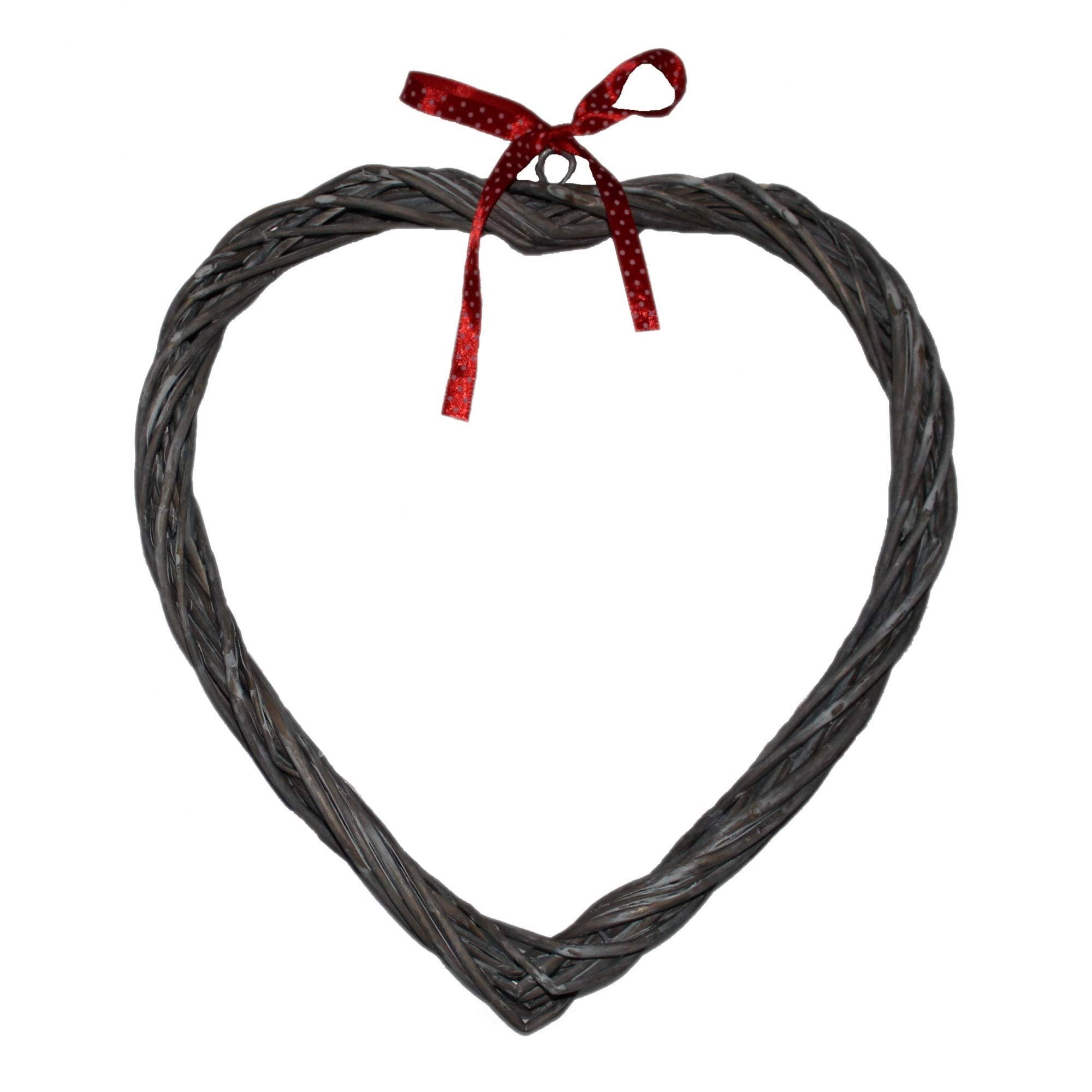 Grey Wash Willow Wide Heart Wreath With Red Spotty Ribbon Wicker Gift