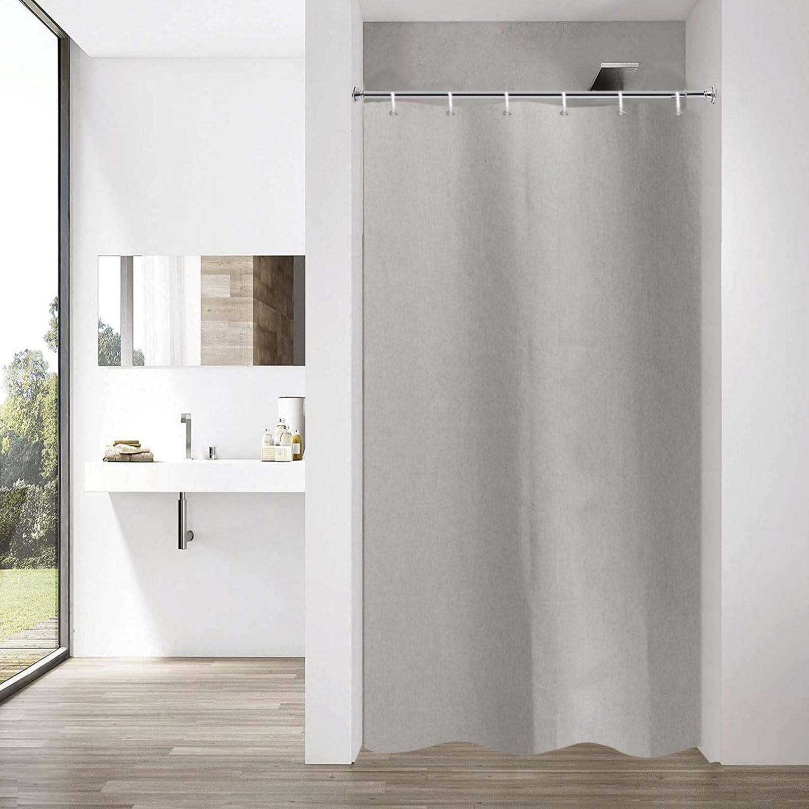 YISURE Narrow Linen Textured Shower Curtain 90x180cm, Heavy Duty Fabric Shower Curtains for Bathroom Waterproof Thick Hotel Luxury, Grey 35''x71''
