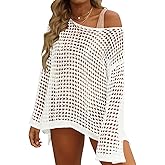 ZESICA Women's 2026 Summer Crochet Hollow Out Long Sleeve Beach Bikini Swimsuit Mesh Cover Up Tunic Top