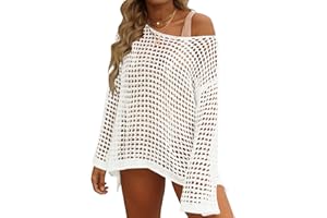 ZESICA Women's 2024 Summer Crochet Hollow Out Long Sleeve Beach Bikini Swimsuit Mesh Cover Up Tunic Top