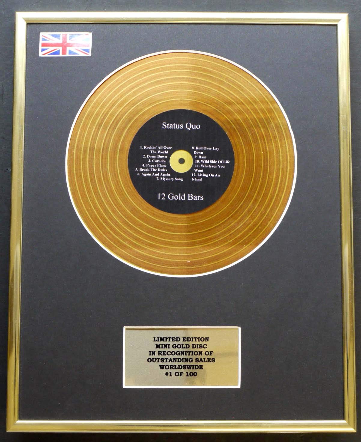 STATUS QUO/MINI GOLD DISC DISPLAY/LIMITED EDITION/COA/ 12 GOLD BARS