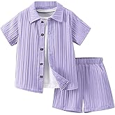SweatyRocks Boy's 2 Piece Summer Vacation Outfits Short Sleeve Collar Button Down Shirt and Shorts Clothing Set