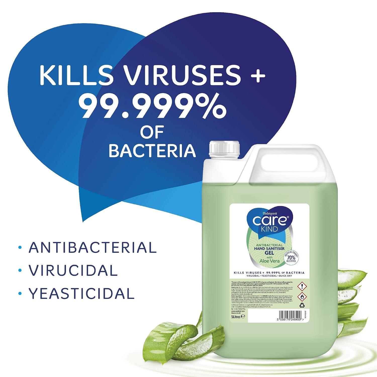 Carekind 70% Hand Sanitiser Gel 5 Litre - with Aloe Vera Extract - Antibacterial Hand sanitizer gel made with Medical Grade Alcohol, Kills Viruses & 99.999% of bacteria. Bulk 5ltr refill (Pack of 4) - Image 4