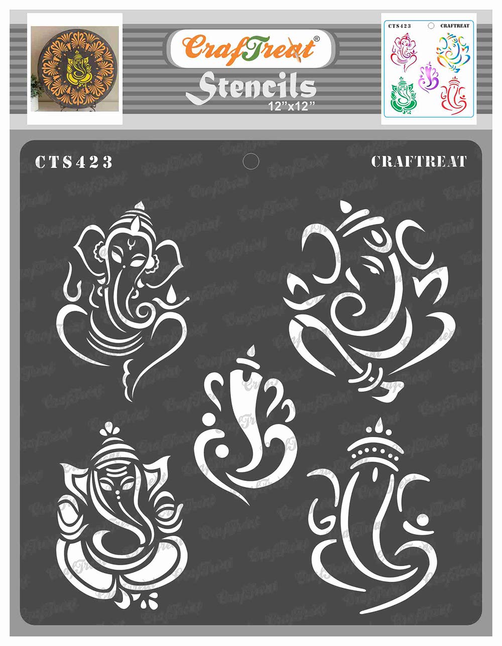 CrafTreat Reusable Indian God Stencils for Painting on Wood, Wall, Tile, Canvas, Paper, Fabric and Floor - Ganeshas - Size:12x12 Inch - DIY Art and Craft Stencils - Ganesh Stencil for Home Decor