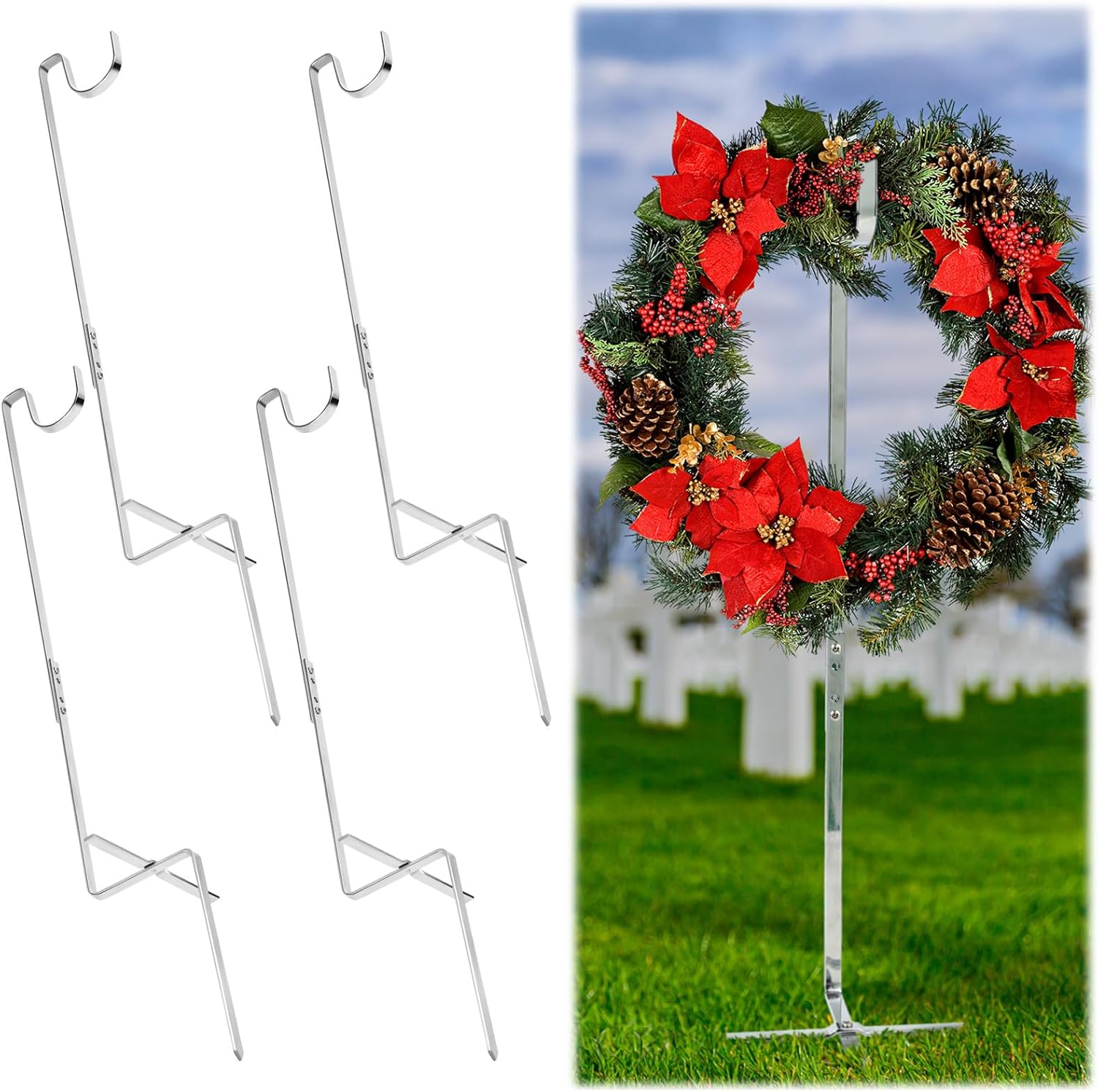 Wreath Hangers - Blulu 4 Pcs Wreath Stand Grave Flower Holder Christmas Headstone Wreath Hanger for Cemetery Gravestone Wreath Stand Tombstone Wreath Holder for Grave Marker Gravestone Flowers Decorations