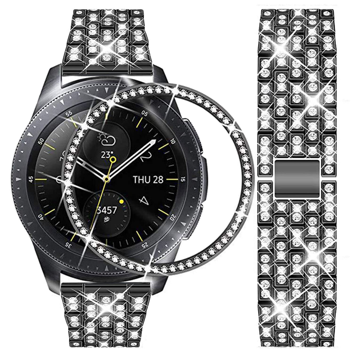 DEALELE Strap Compatible with Samsung Gear Sport / Galaxy Watch 42mm / Galaxy 4 Classic (42mm), 20mm Luxury Rhinestone Diamond Metal Bracelet with Bezel Ring Cover Replacement for Women Men, Black