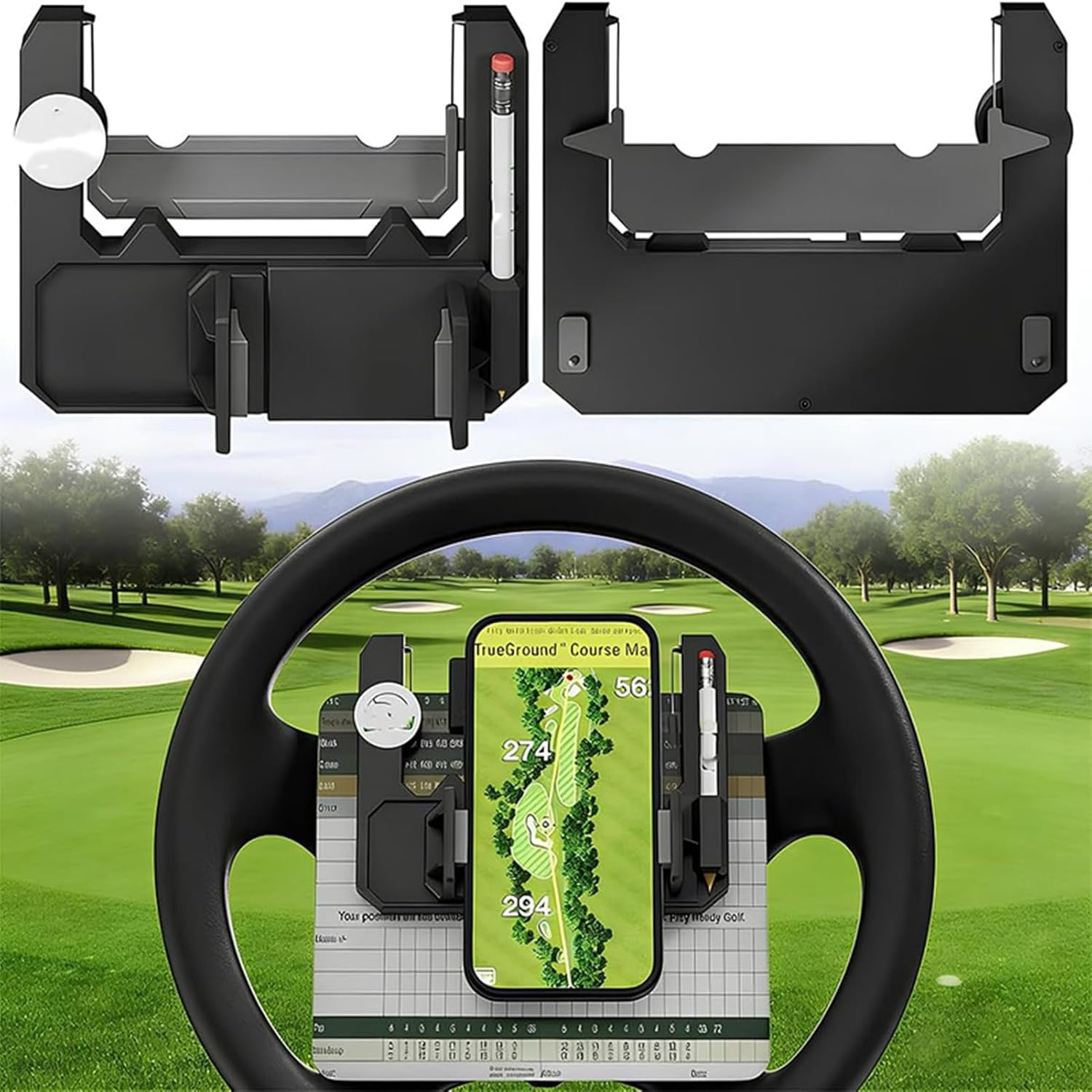 Golf Cart Steering Wheel Phone Holder, Flip Up Phone Holder with Scorecard Slot Secure Spring One‑Hand Operation Spring Quick Clamp,Golf Cart Accessories