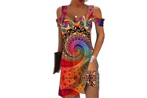 FULLVEB Summer Casual Cold Shoulder Dresses for Women 2024 Trendy Boho Ethnic Floral Tribal Marble Print V Neck Mini Dress