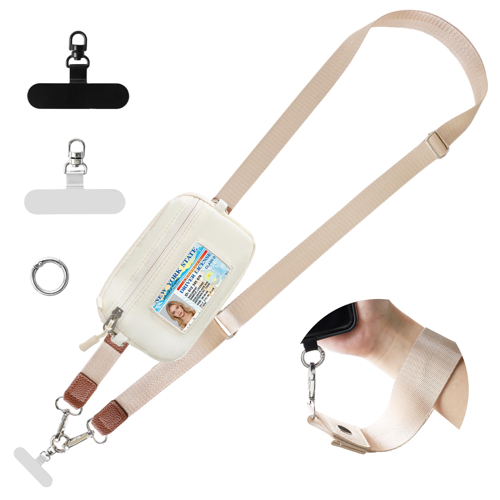 FUVLIFE Clip and Go Phone Strap Crossbody with RFID Wallet, Cell Phone Lanyard for Women, Detachable Wristlet Wallet with ID Window and Zip (Beige)
