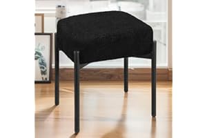 MOOWIND Vanity Stool Chair Faux Fur, 16.3" L x 12.8" W x 17.3" H Soft Ottoman, Makeup Chair Bench Furry Padded Seat with 4 Metal Legs, Footstool Multifunctional Chairs for Bedroom, Living Room, Black
