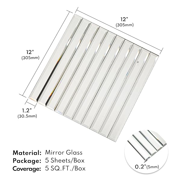 LOVDECO PEEL AND STICK MIRROR STRIP TILE, 1.2 X 12 INCHES MIRROR TILES FOR KITCHEN BACKSPLASH AND BATHROOM WALL (5 PIECES, 5 SQ.FT.)