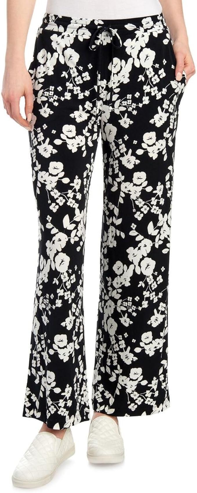 Chaus Floral Print Drawstring Palazzo Pants, Black at Amazon Women’s