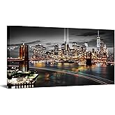 Conipit New York City Canvas Wall Art Black and White Brooklyn Bridge Print NYC Skyline Pictures Cityscape Artwork for Living Room Bedroom Modern Home Decor Framed 24''x48'' (Brown)