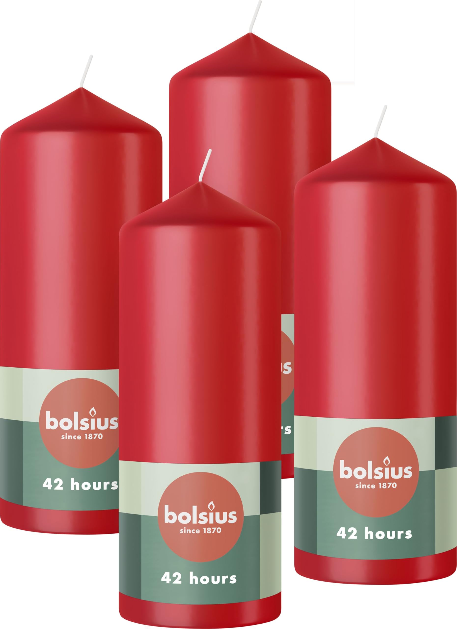 Bolsius Pillar Candles - Red - 4-Pack - 15 x 6 cm - Decorative Household Candles - Long Burning Time of 42 Hours - Unscented - Includes Natural Vegan Wax - Without Palm Oil