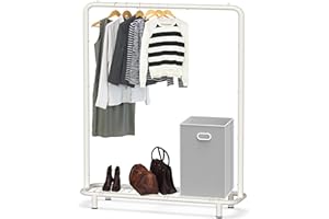 SimpleHouseware Industrial Pipe Clothing Garment Rack with Bottom Shelves, White