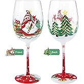 NymphFable Hand Painted Wine Glass Xmas Gnomes Christmas tree Santa Claus Snowflake Gift for Family Friend 15oz(1 piece)