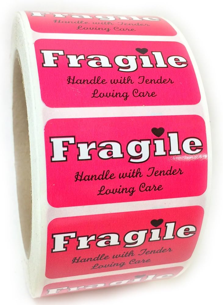 Pink"Fragile Handle with Tender Loving Care" Label - 1" by 2" - 1000 ct