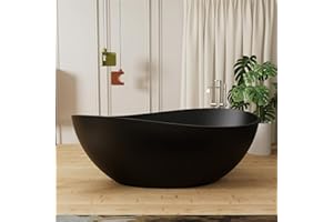 GIVINGTREE 63'' Freestanding Solid Surface Resin Stone Bathtub, Contemporary Design Stand Alone Tub with Pop-up Drain and Overflow, cUPC Certified (Wave Shape-Black) (Black)