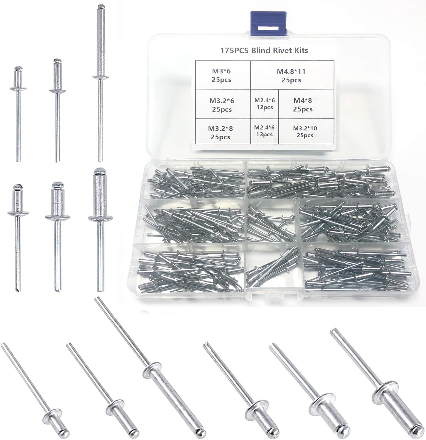 dome rivets, blind aluminum of sizes 7 175pcs head kit classification