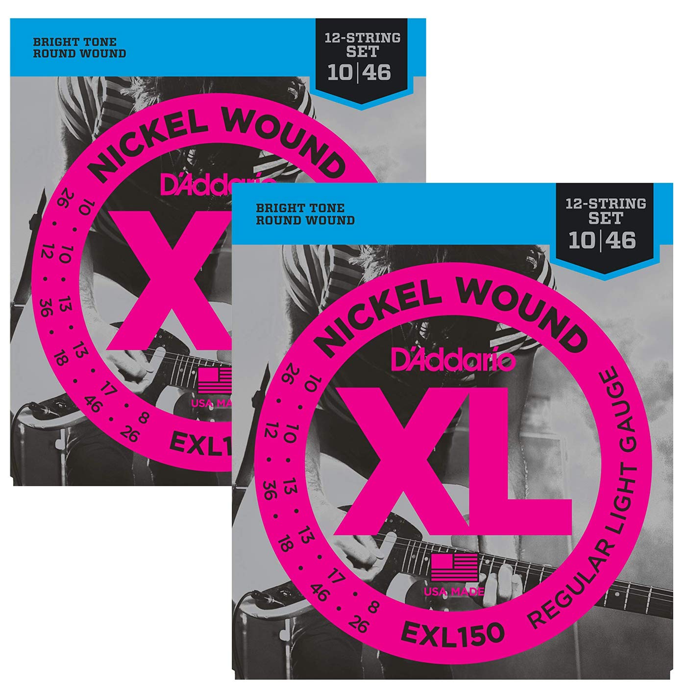 D'Addario EXL150 Nickel Wound Electric Guitar Strings, 12-String, Regular Light, 10-46 (2 Pack)