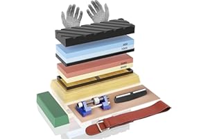 BISTEE Complete Knife Sharpening Stone Set, Professional Whetstone Knife Sharpener Kit, Dual Grit 400/1000 3000/8000 Water Stone, Flattening Stone, Chisel Honing Guide, Cut Resistant Gloves, Leather Strop