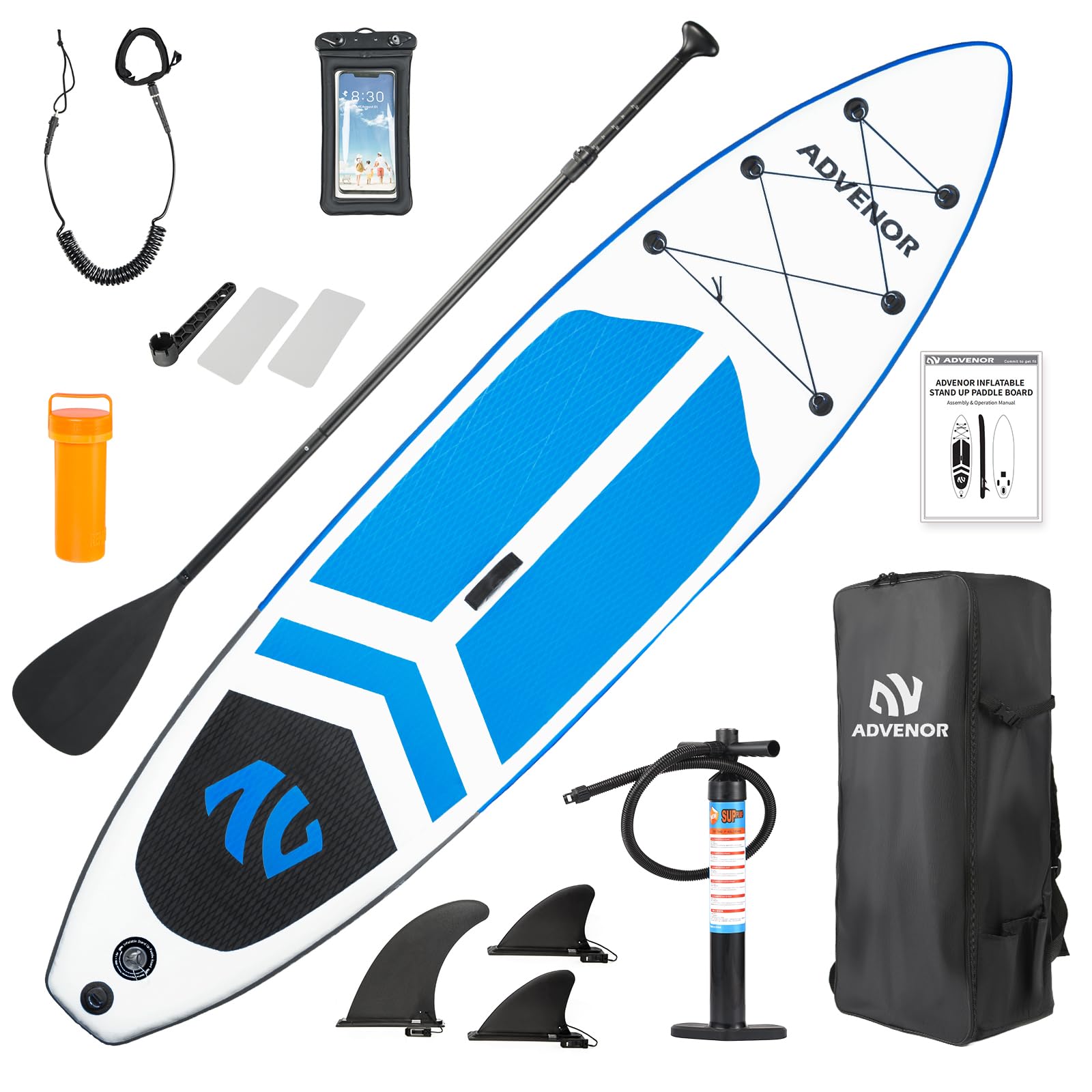 ADVENOR Paddle Board 11'x33 x6 Extra Wide Inflatable Stand Up with SUP Accessories Including Adjustable Paddle,Backpack,Waterproof Bag,Leash,and Hand Pump,Repair Kit (Blue) Image
