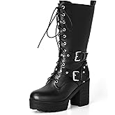 SHEOMSIE Mid Calf Boots Lace Up Goth Combat Chunky Platform Boots for Women with Buckle Motorcycle Punk Biker Booties