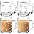 RimCereal 4 PCS Coquette Bow Glass Cups with Handle 12 oz Pink Bow Iced Coffee Cups Coquette Bow Gifts Coffee Mug for Women Girls Valentine Birthday Bridal Shower Gifts
